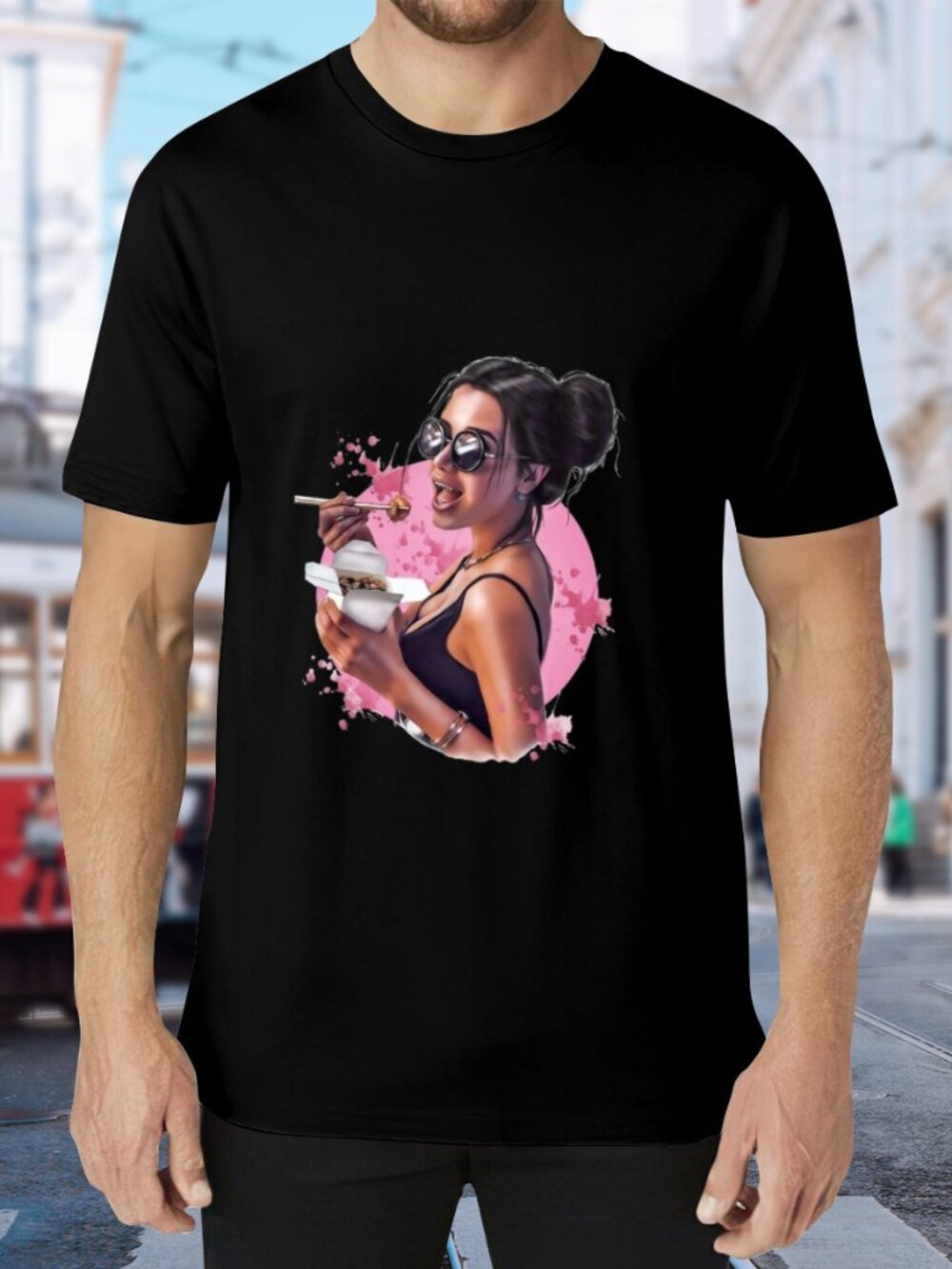 Black Graphic Short Sleeve Tee with Pink Art Print